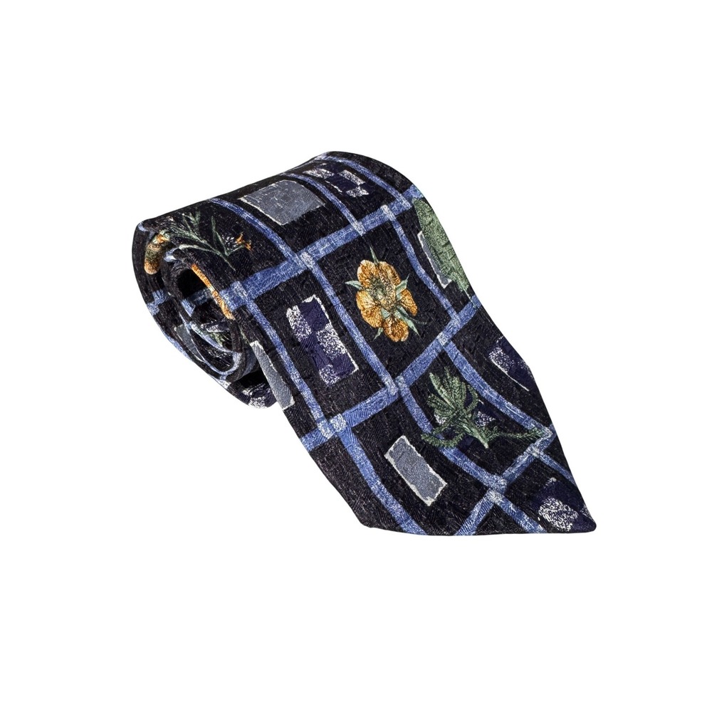 Ermenegildo Zegna Silk‎ Tie Navy Blue Floral Geometric Disegno Esclusivo Italy